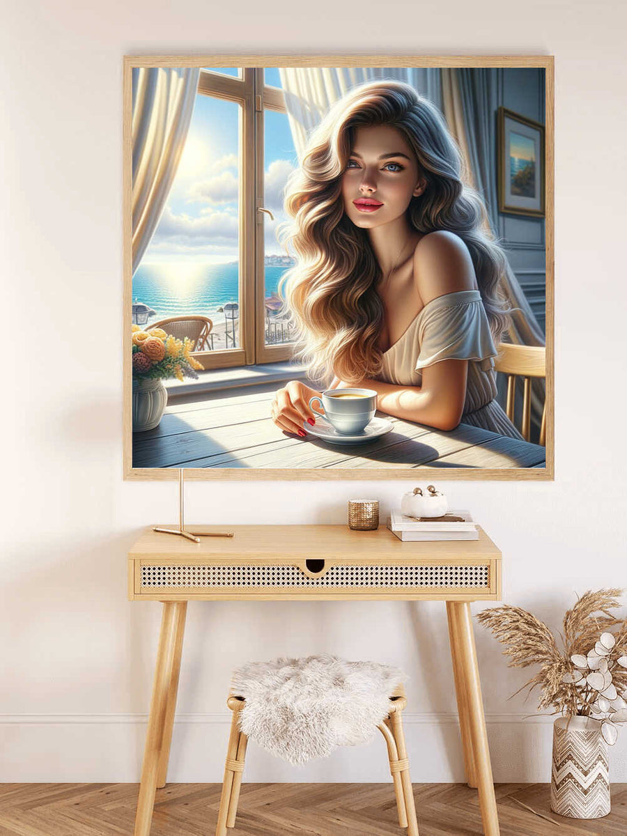 "Malen nach Zahlen - Morgenglanz am Meer painting of a woman with flowing hair, enjoying a morning coffee by a seaside window with sunlight streaming in"