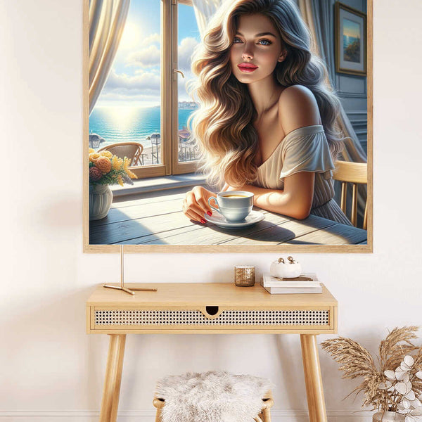 "Malen nach Zahlen - Morgenglanz am Meer painting of a woman with flowing hair, enjoying a morning coffee by a seaside window with sunlight streaming in"