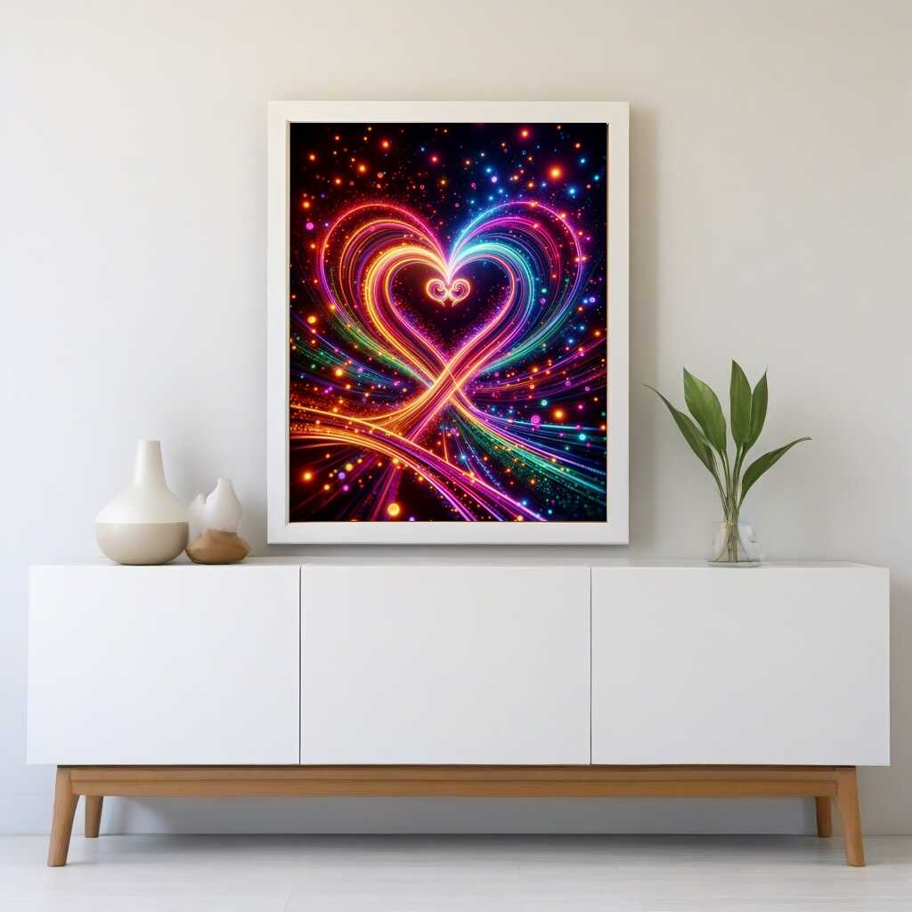 Diamond Painting - Doppelherz featuring intertwined neon hearts with vibrant colors, symbolizing love and harmony, displayed above a modern white cabinet.