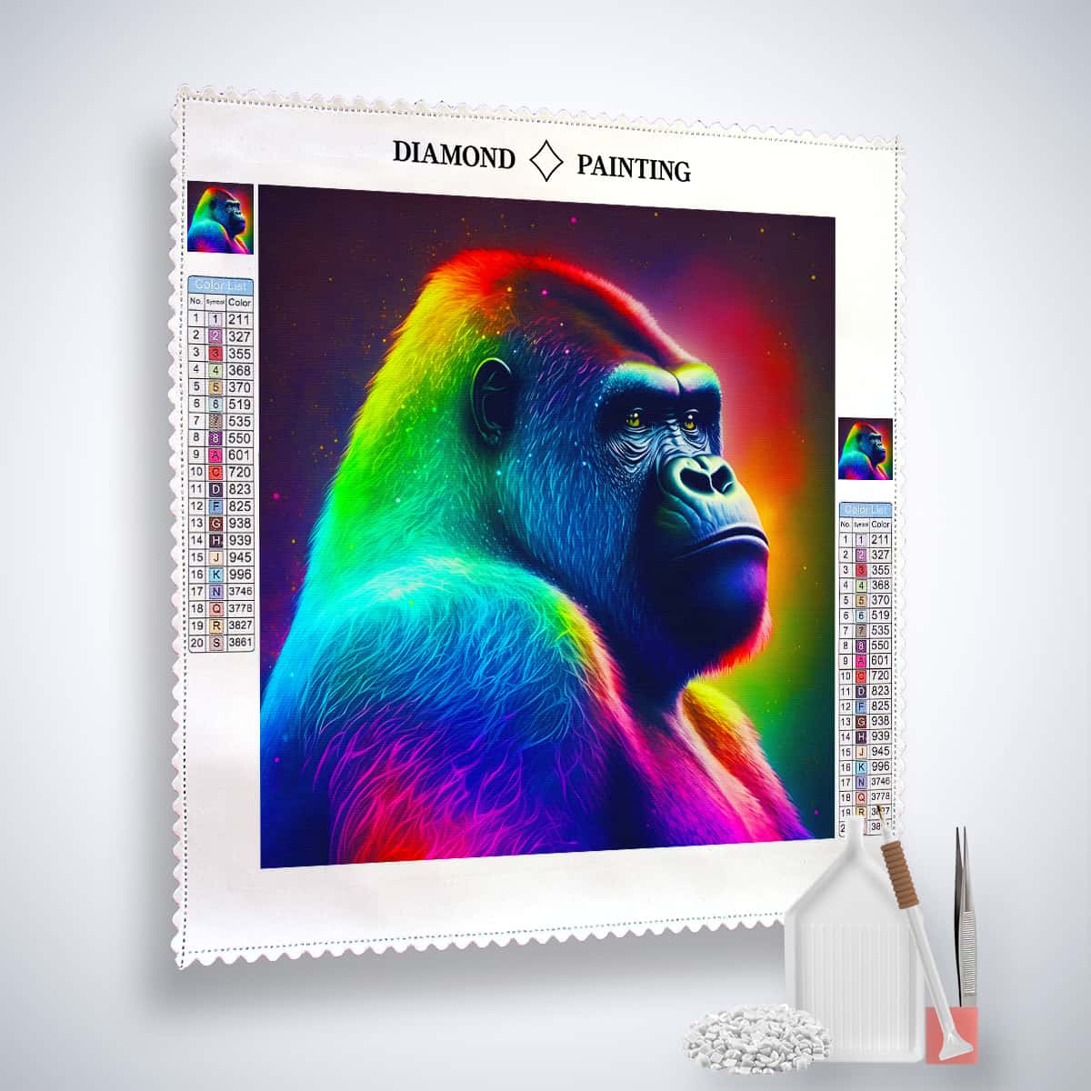 AB Diamond Painting Kit - Neon Gorilla with vibrant colors, complete with canvas, acrylic diamonds, tweezers, and tools