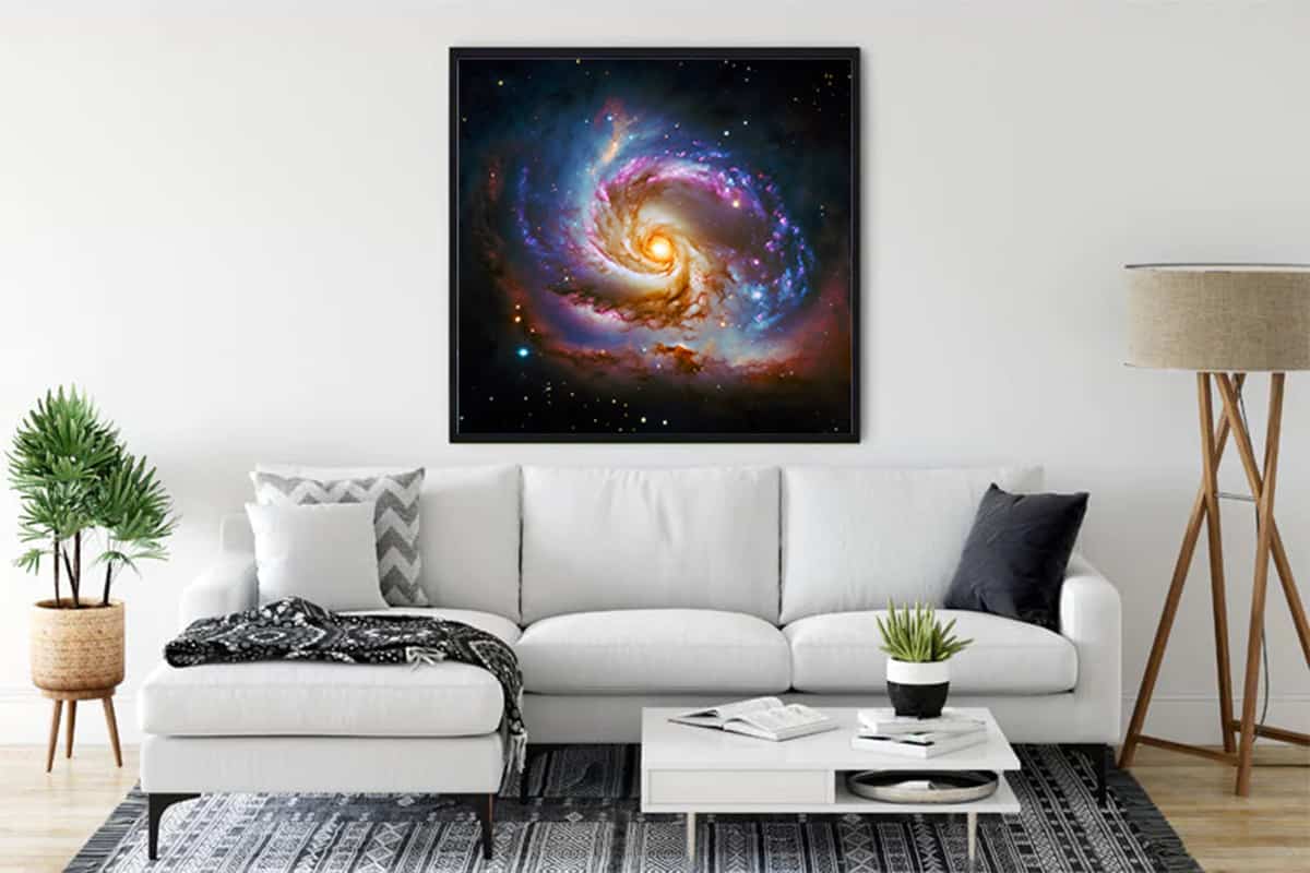 Living room with white sofa and a stunning starry night galaxy painting on the wall