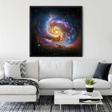Living room with white sofa and a stunning starry night galaxy painting on the wall