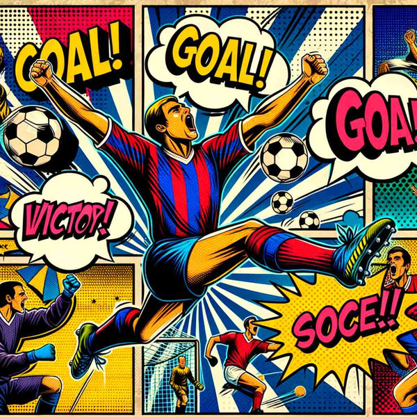 Pop art style illustration of a soccer player celebrating a goal with vibrant colors and comic book elements.