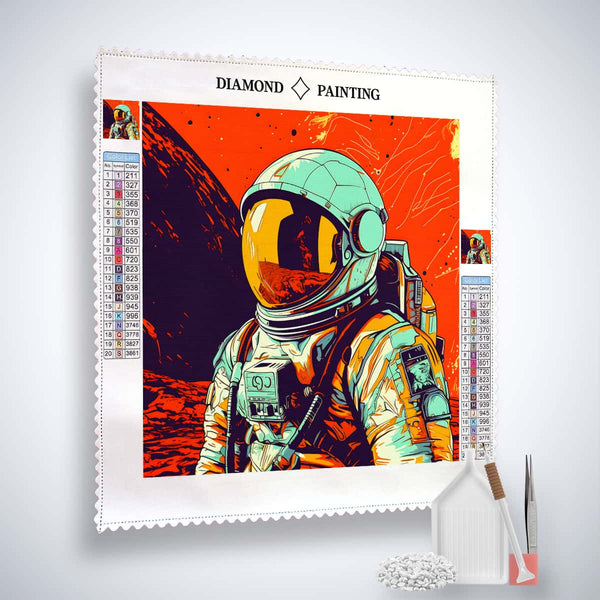 Diamond Painting kit featuring an astronaut design with acrylic diamonds, professional canvas, and artist tools included
