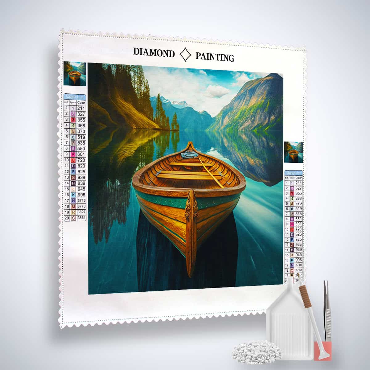 Diamond Painting Kit featuring a boat on a serene lake with mountains in the background, complete with acrylic diamonds and tools
