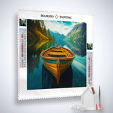 Diamond Painting Kit featuring a boat on a serene lake with mountains in the background, complete with acrylic diamonds and tools