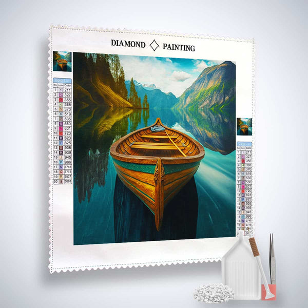 Diamond Painting Kit featuring a boat on a serene lake with mountains in the background, complete with acrylic diamonds and tools