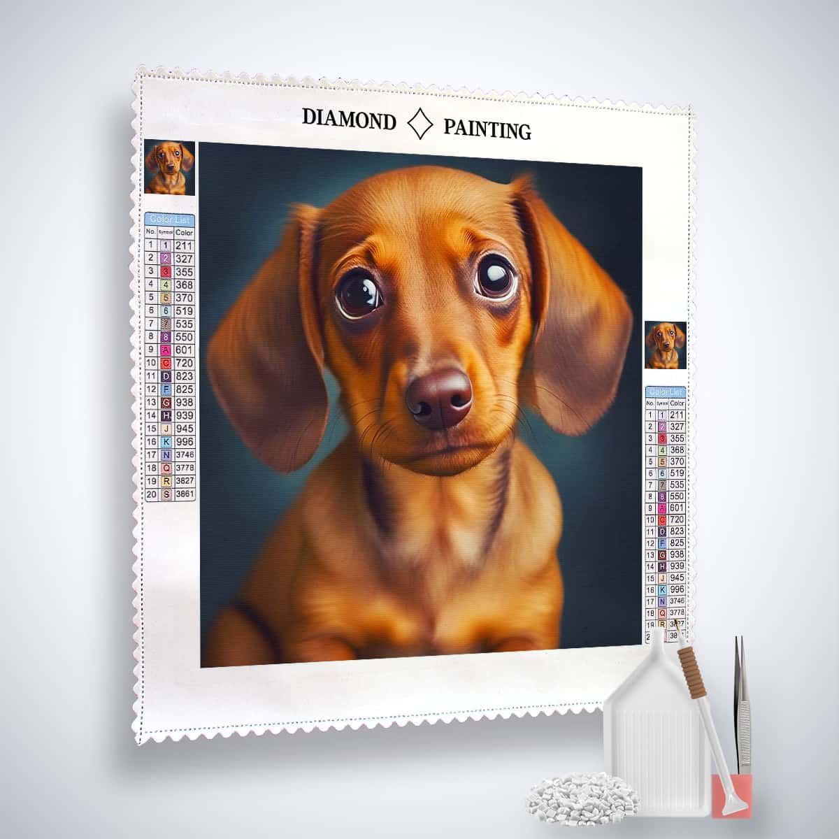 "Diamond Painting Kit featuring adorable dachshund with floppy ears, includes canvas, acrylic diamonds, tweezers, and stylus set"