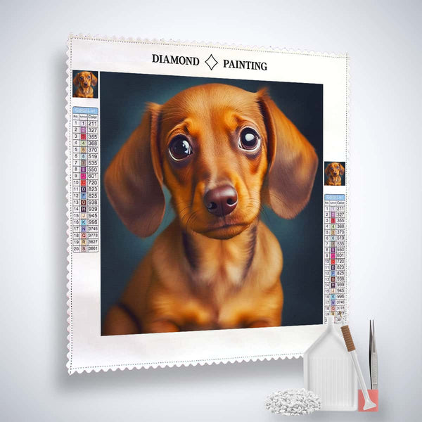 "Diamond Painting Kit featuring adorable dachshund with floppy ears, includes canvas, acrylic diamonds, tweezers, and stylus set"