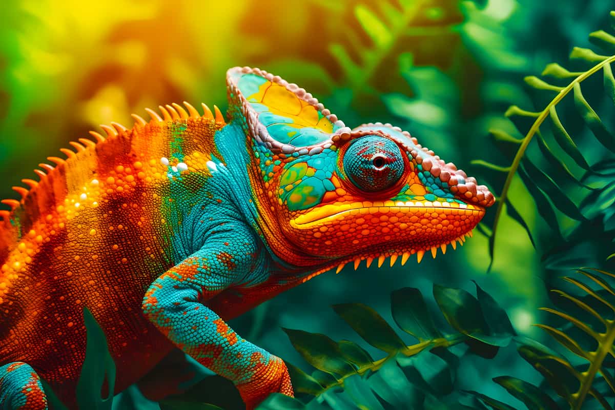 Colorful chameleon in the rainforest surrounded by lush green leaves, featured in AB Diamond Painting kit.