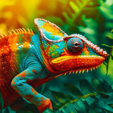 Colorful chameleon in the rainforest surrounded by lush green leaves, featured in AB Diamond Painting kit.