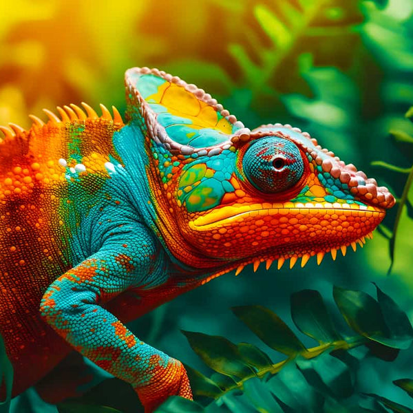 Colorful chameleon in the rainforest surrounded by lush green leaves, featured in AB Diamond Painting kit.