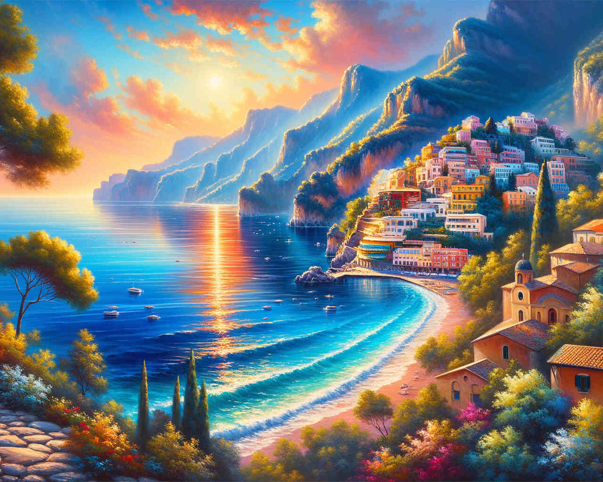 Wandbild "Mediterranes Paradies" zeigt leuchtend blaues Meer, pastellfarbene Häuser und majestätische Klippen bei Sonnenuntergang