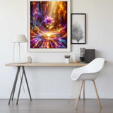 Diamond Painting - Blumenlicht featuring a purple flower surrounded by golden light, vibrant colors, and sparkling effects on a modern art print.