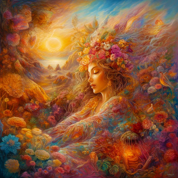 Painting of a woman with floral headdress surrounded by vibrant nature, bathed in warm sunset light.