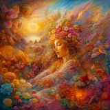 Dreamy Diamond Painting of a Woman in Nature with Flowers and Sunset