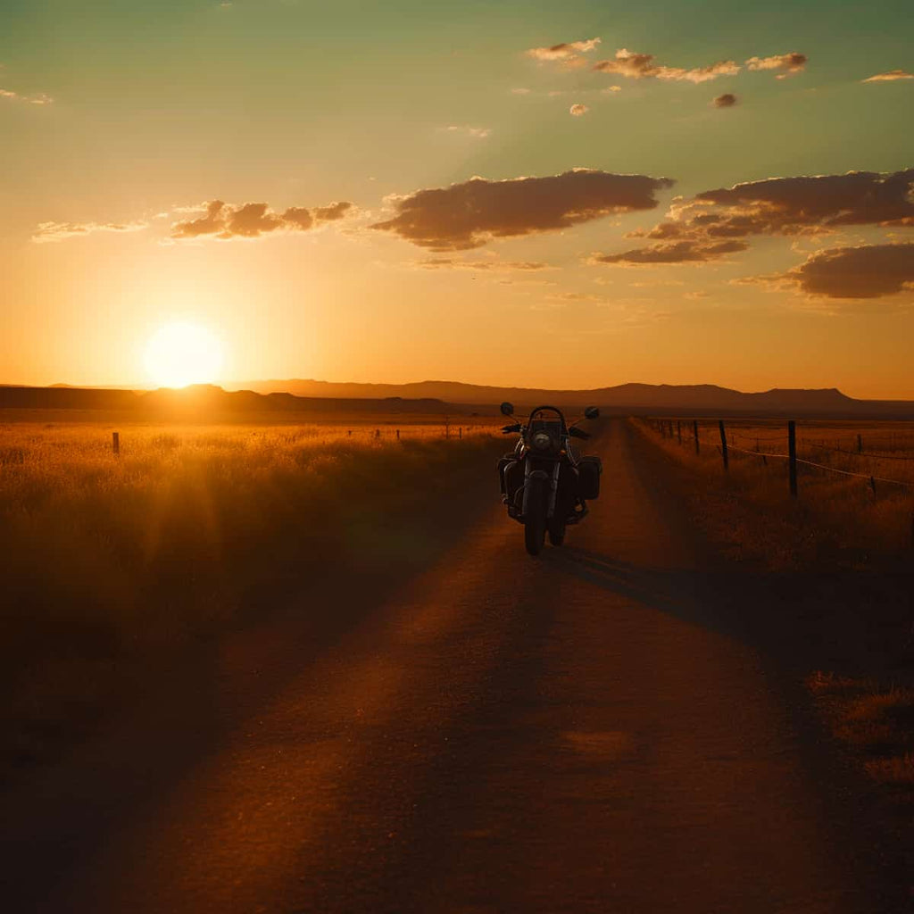 Motorcycle on a dirt road at sunset with a glowing sky and distant mountains