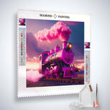 Diamond Painting Pink Train at Night Kit - High-quality canvas, vibrant acrylic diamonds, artist tweezers, and professional setting tools included.