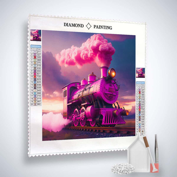 Diamond Painting Pink Train at Night Kit - High-quality canvas, vibrant acrylic diamonds, artist tweezers, and professional setting tools included.