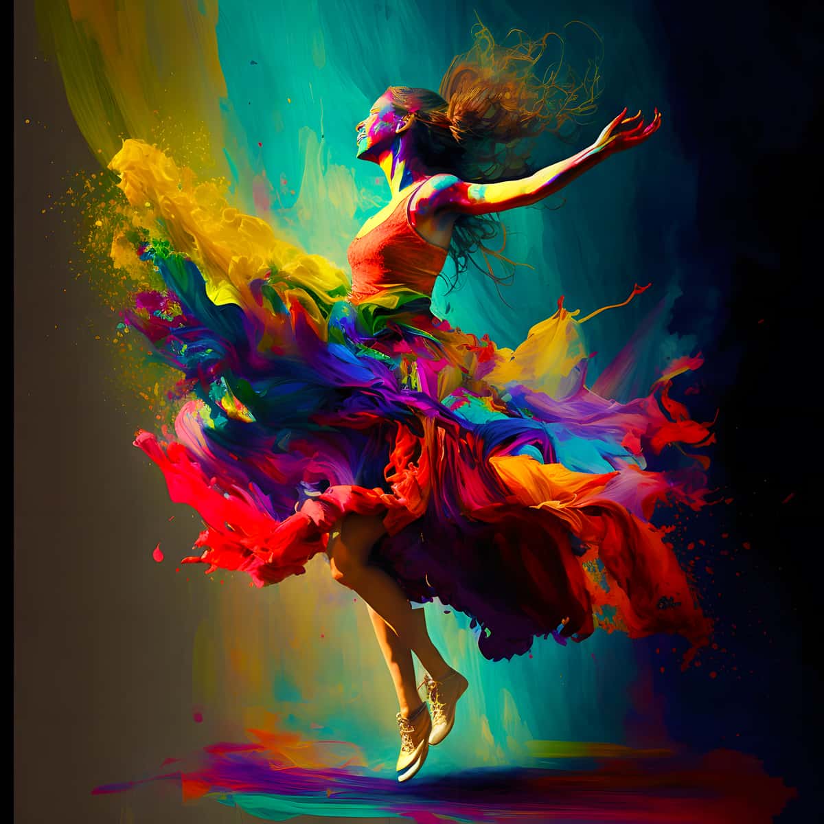 Woman dancing in vibrant and colorful paint splashes, representing the relaxing effect of painting by numbers.