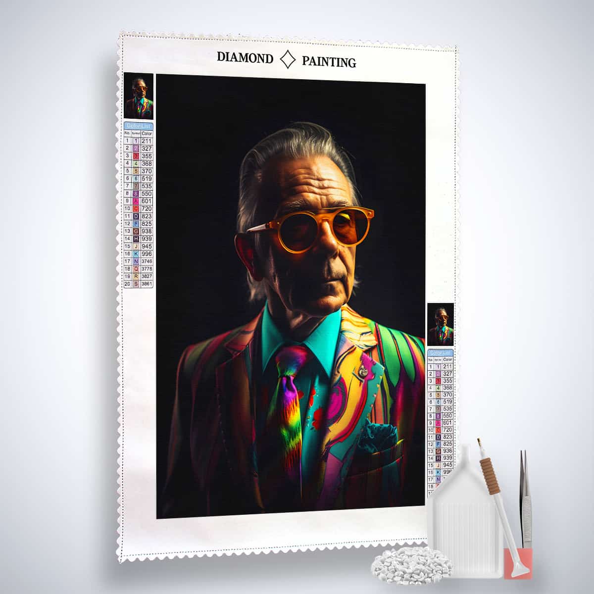 Diamond Painting Kit - Alter Geschäftsmann Motiv mit Acryl Diamonds, Leinwand, Pinzette und Setzstift.