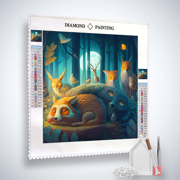 Diamond Painting Kit - Schlafende Tiere. Enthält professionelle Leinwand, veredelte Acryl Diamonds und Setzwerkzeuge für funkelnde Kunst.