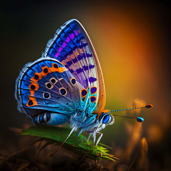 AB Diamond Painting Kit Schmetterling Lila - Vibrantly colored butterfly artwork on a leaf, featuring shimmering purple, blue, and orange.