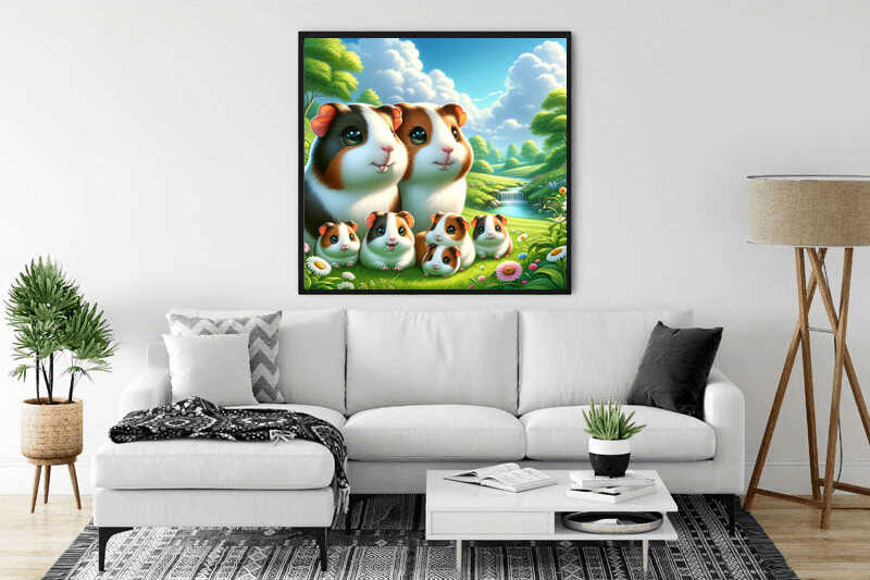 Painting of guinea pigs in a meadow displayed above a white couch in a modern living room