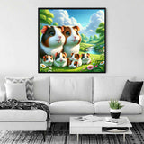 Painting of guinea pigs in a meadow displayed above a white couch in a modern living room
