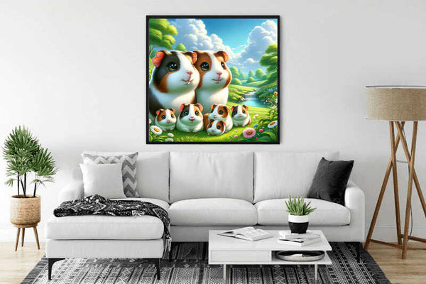 Painting of guinea pigs in a meadow displayed above a white couch in a modern living room