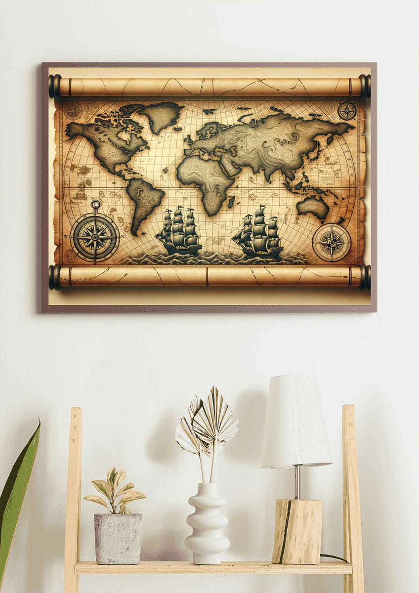 Antique world map art print "Alte Weltenmeere" with ships, mystical creatures, and exotic islands in sepia tones on wall above shelf.
