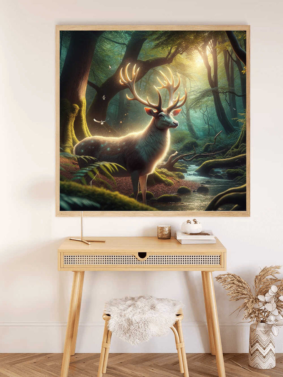 "Malen nach Zahlen - Waldzauber painting of a majestic illuminated deer in an enchanted forest, hung above a stylish desk with decor."