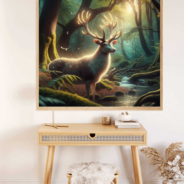 "Malen nach Zahlen - Waldzauber painting of a majestic illuminated deer in an enchanted forest, hung above a stylish desk with decor."