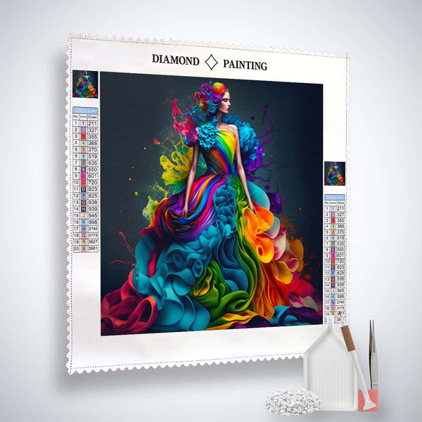 AB Diamond Painting Kit featuring a vibrant gradient dress design, complete with professional canvas, acrylic diamonds, tweezers, and setting tools.