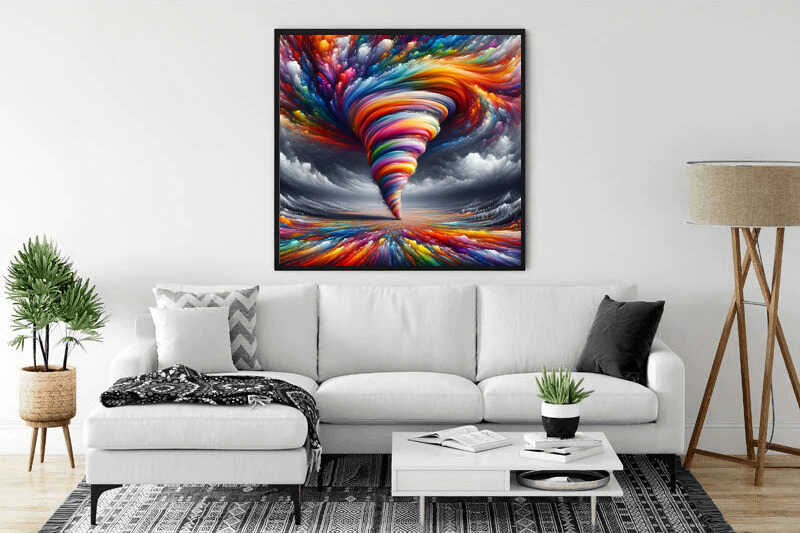 Painting by numbers - Color Swirl of Passion wall art in modern living room setting.