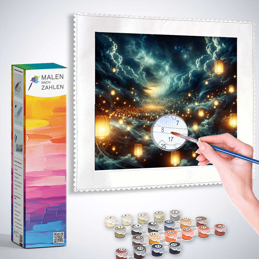 Painting by numbers kit for "Starry Night of Wishes" with paintbrush, color containers, and completed glowing lanterns artwork.
