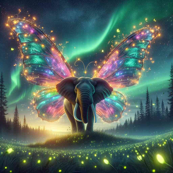 Magical elephant with colorful butterfly wings under a starry night sky in an enchanting forest.
