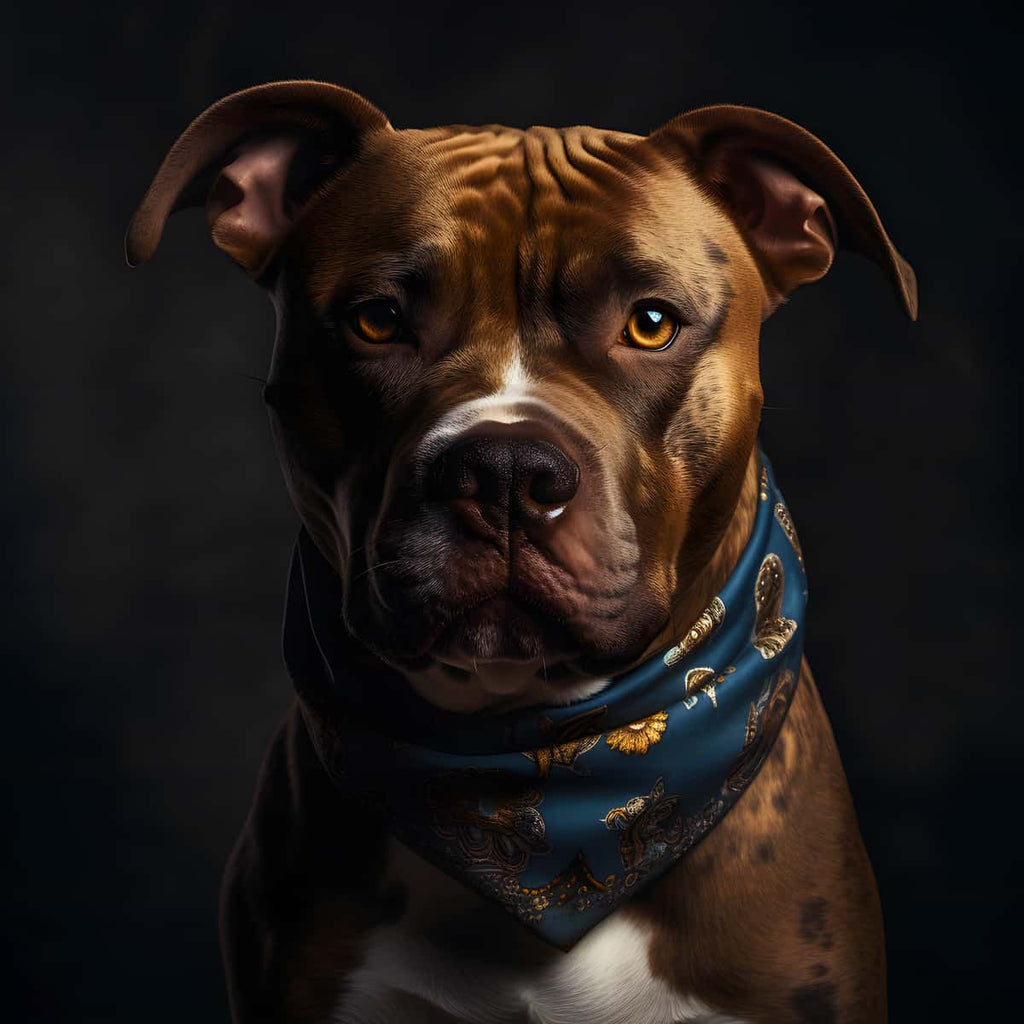 Brown dog wearing a blue bandana against a dark background.