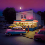 Retro diamond painting of a vintage American diner with classic cars and a vibrant sunset sky.