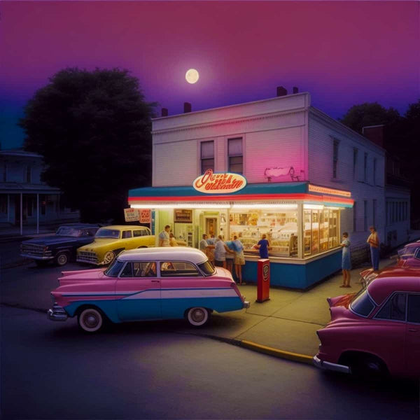 Retro diamond painting of a vintage American diner with classic cars and a vibrant sunset sky.