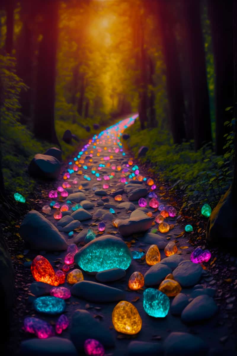 Magical forest path lined with brightly colored glowing stones at twilight, capturing the enchanting essence of diamond painting art.