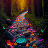 Magical forest path lined with brightly colored glowing stones at twilight, capturing the enchanting essence of diamond painting art.