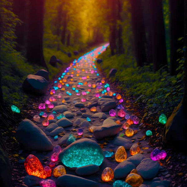 Magical forest path lined with brightly colored glowing stones at twilight, capturing the enchanting essence of diamond painting art.