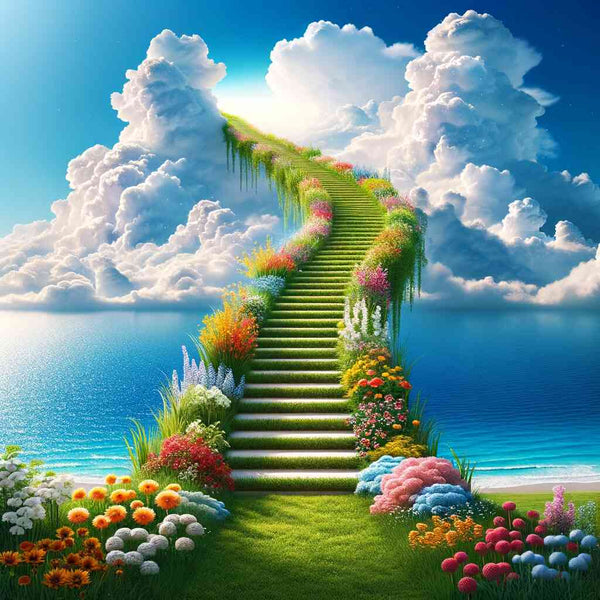 Malen nach Zahlen - Himmelsstiege Ein Traumpfad mit bunten Blumen und einer Treppe, die in den Himmel führt, vor einem blauen Himmel und Meer.