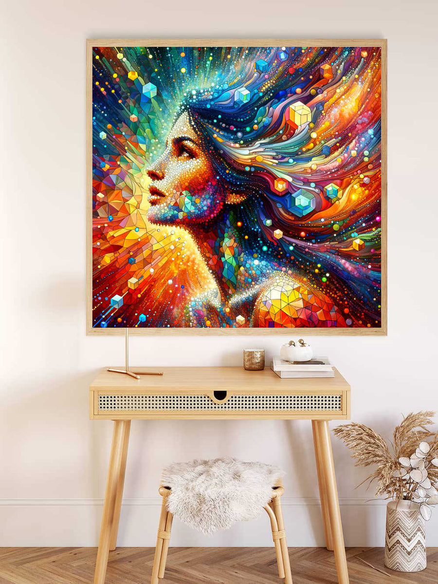AB Diamond Painting - Bunte Frau Futuristisch, kaleidoskopische Vision einer neuen Ära, lebendige Farben, geometrische und organische Formen