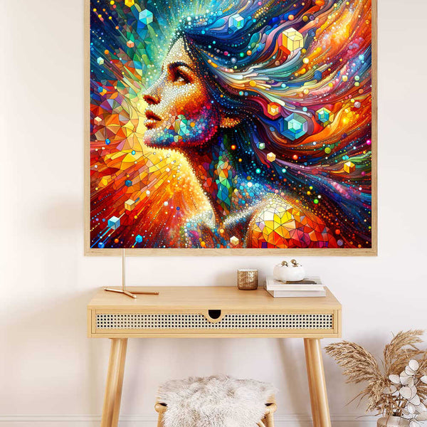 AB Diamond Painting - Bunte Frau Futuristisch, kaleidoskopische Vision einer neuen Ära, lebendige Farben, geometrische und organische Formen