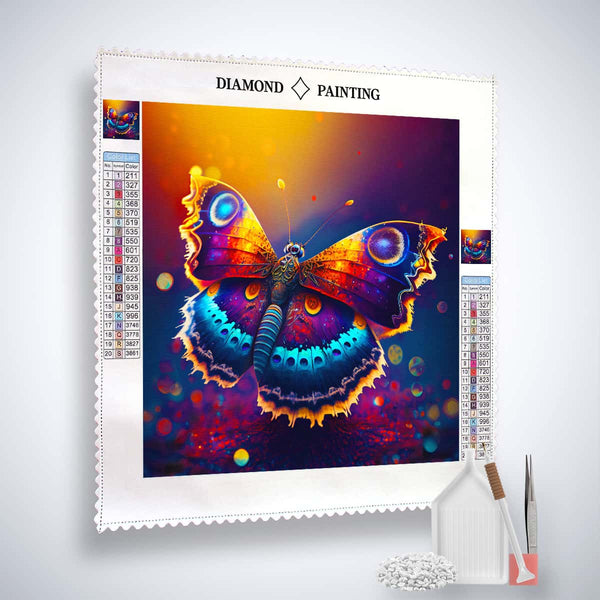 AB Diamond Painting Kit - Schmetterling im Sonnenlicht with vibrant colors, included tools, and accessories displayed.