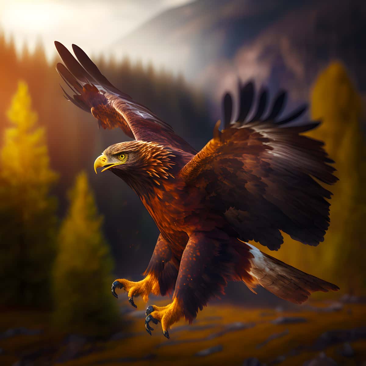 Elegant eagle soaring in a majestic mountain landscape, illustrated in vibrant colors, representing the theme “Diamond Painting - Adler seitlich”