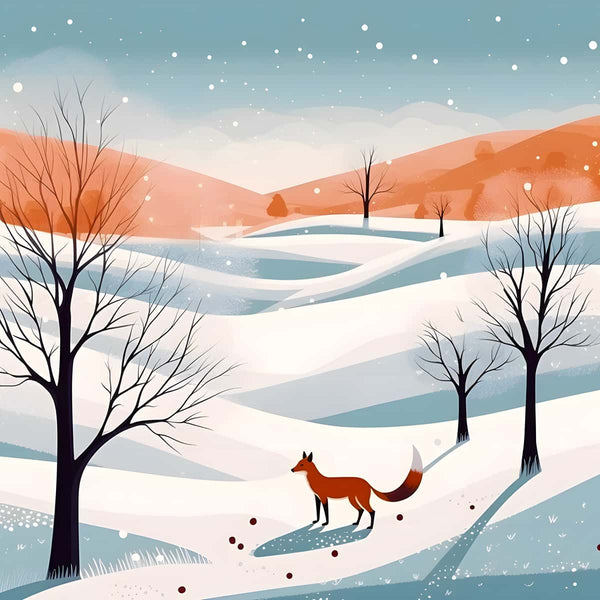 Diamond painting of a fox in the snow with a scenic winter landscape, barren trees, and rolling hills in the background