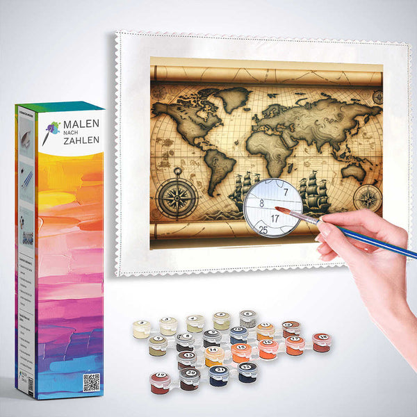 "Malen nach Zahlen Alte Weltenmeere Kit showing sepia map with ships and mythical creatures, including paint and brush set."